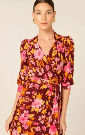 Wrap Dresses|Midi Dresses>Sacha Drake Autumn Leaf Wrap Dress - Pink/Orange Size 10