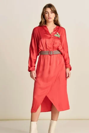 Midi Dresses|POM Amsterdam>POM Amsterdam Baked Red Belted Dress