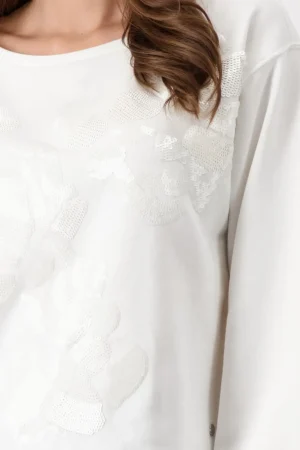 Tops|Tops>Monari Bloom and Grow Sequin Flower Top - Milk