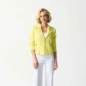 Jackets|Joseph Ribkoff>Joseph Ribkoff Capri Sun Foiled Suede Fitted Jacket - Neon Yellow Size L/XL 242908