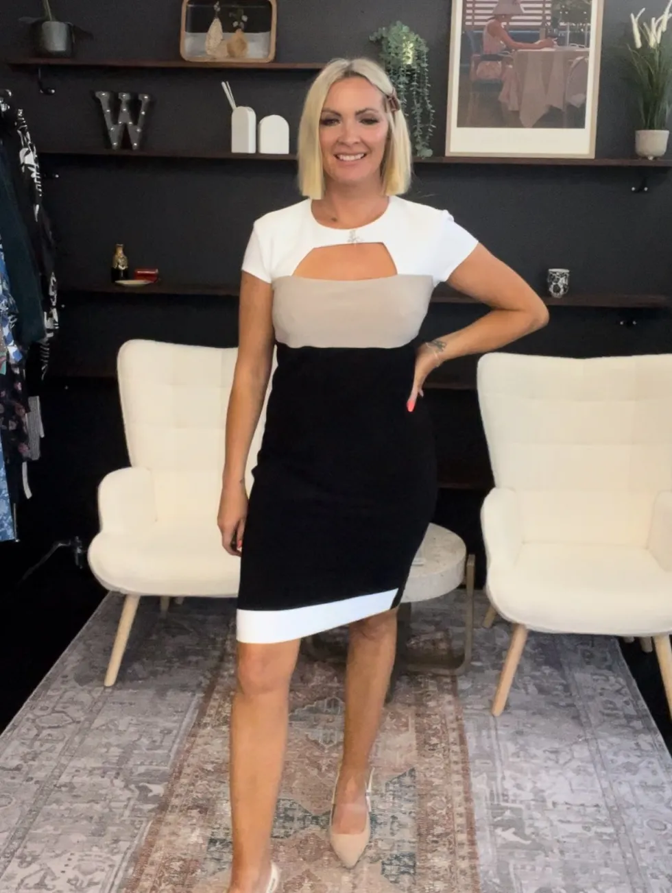 casablanca-colour-block-sheath-QuTkumZw-5.webp Maxi Dresses|Knee Length Dresses>Joseph Ribkoff Casablanca Colour Block Sheath Dress 242156