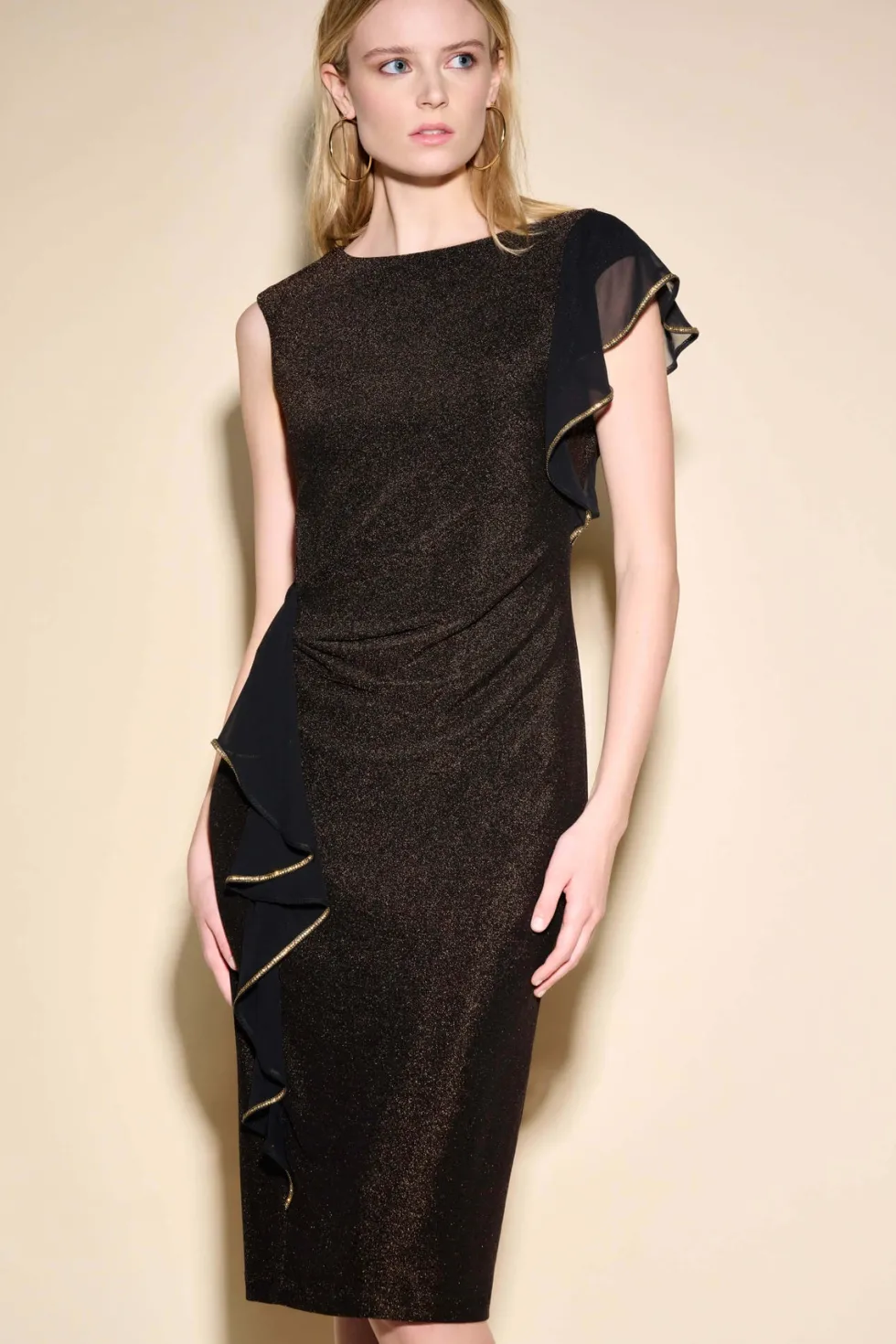 chiffon-bronze-and-gold-signat-YukUuYGO-0.webp Maxi Dresses|Knee Length Dresses>Joseph Ribkoff Chiffon Bronze and Gold Signature Knee Length Dress 233775 Size 12