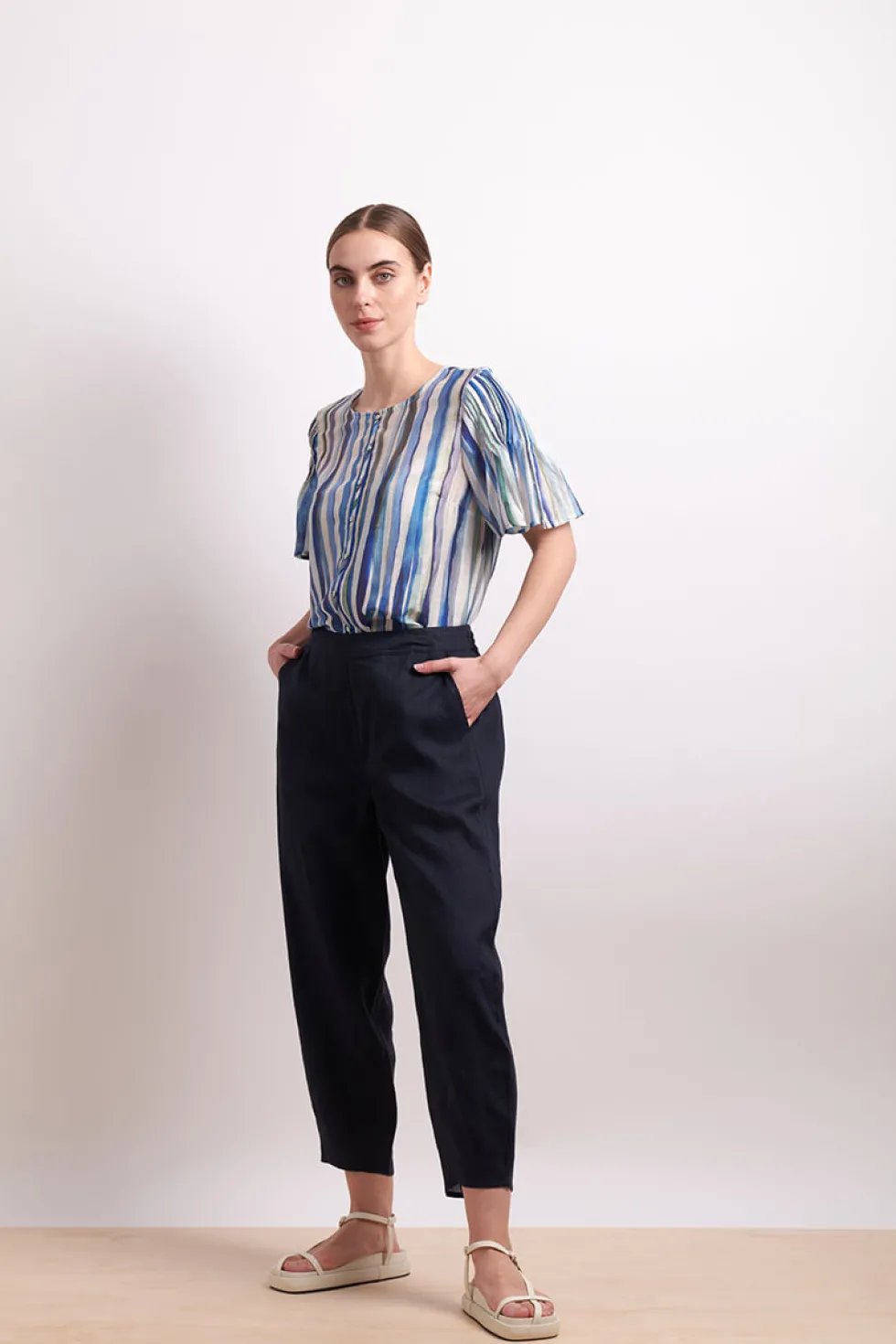 draw-the-line-blouse-azure-s-OEMyebnz-3.webp Sleeved Dresses|Blouses>Neris Draw The Line Blouse - Azure Stripe