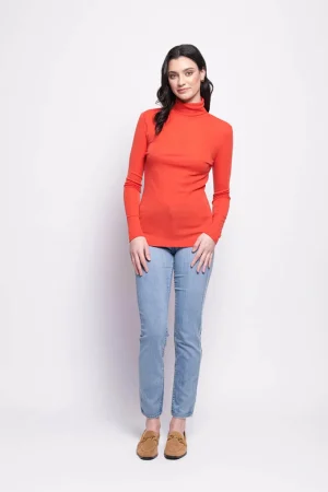 Knitwear|FOIL>Foil Fine Merino Polo Neck Knitted Top -Neon Flash Orange