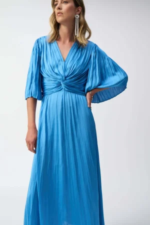 Midi Dresses|Sleeved Dresses>Joseph Ribkoff Hero Pleated Satin Midi Dress - Coastal Blue 251903