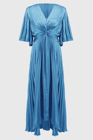 Midi Dresses|Sleeved Dresses>Joseph Ribkoff Hero Pleated Satin Midi Dress - Coastal Blue 251903