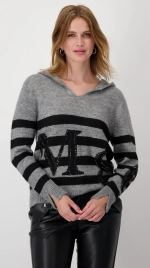 Knitwear|Monari>Monari Hood M Glitter Pullover - Steel Size 8