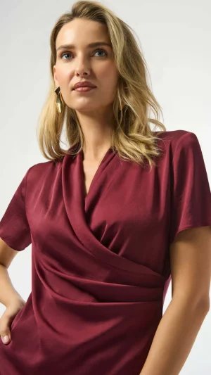 Tops|Tops>Joseph Ribkoff King's Road Recycled Satin And Silky Wrap Top - Merlot/White 253237