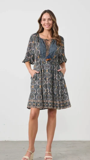 Maxi Dresses|Knee Length Dresses>Caju Kosmos Print Elastic Waist Dress