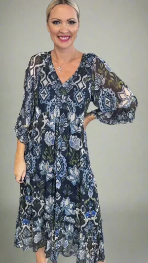 Midi Dresses|Loobies Story>Loobies Story Lucca Midi Dress - Indigo Multi Size 18