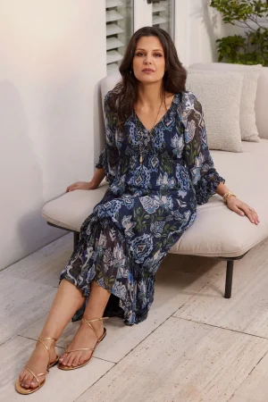 Midi Dresses|Loobies Story>Loobies Story Lucca Midi Dress - Indigo Multi Size 18