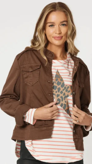 Jackets|Denim>Threadz Military Style Denim Jacket - Chocolate