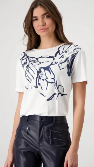 Tees|Monari>Monari Navy Floral Print T-Shirt With Rhinestones