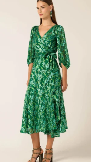 Wrap Dresses|Midi Dresses>Sacha Drake Orchid Wrap Dress - Green Botanical