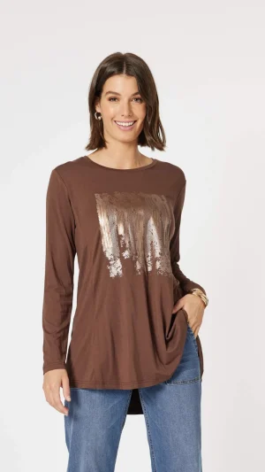 Tees|Clarity>Clarity Painters Print Long Sleeve Tee - Chocolate/Gold
