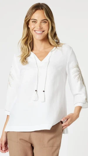 Tops|Tops>Gordon Smith Palm Embroidery Lino Top - White/Natural