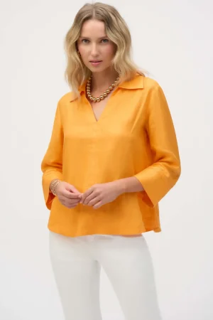 Tops|Tops>Joseph Ribkoff Palm Springs Linen Boxy Top with Shirt Collar - Apricot -252933