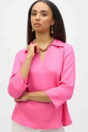 Tops|Tops>Joseph Ribkoff Palm Springs Linen Boxy Top with Shirt Collar - Bubble Gum -252933