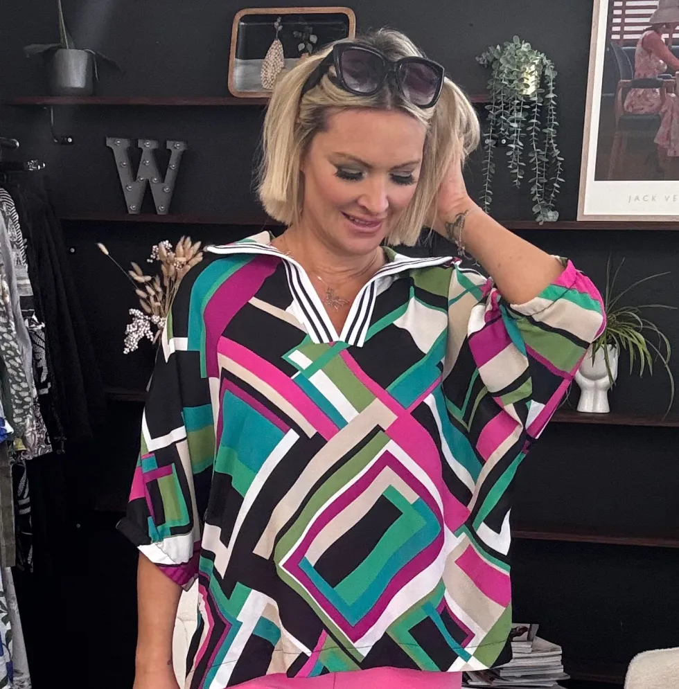 paradiso-georgette-geometric-p-mTxDLNSL-5.webp Tops|Tops>Joseph Ribkoff Paradiso Georgette Geometric Print Box Top 242176 Size 14