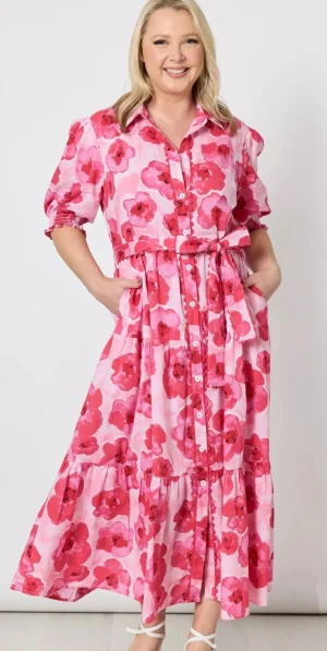 Colourful Dresses|Threadz>Threadz Pink Poppy Floral Midi Dress