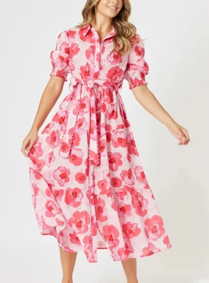 Colourful Dresses|Threadz>Threadz Pink Poppy Floral Midi Dress