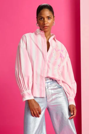 Shirts Edit|POM Amsterdam>POM Amsterdam Pink Stripe Sequin Flower Shirt