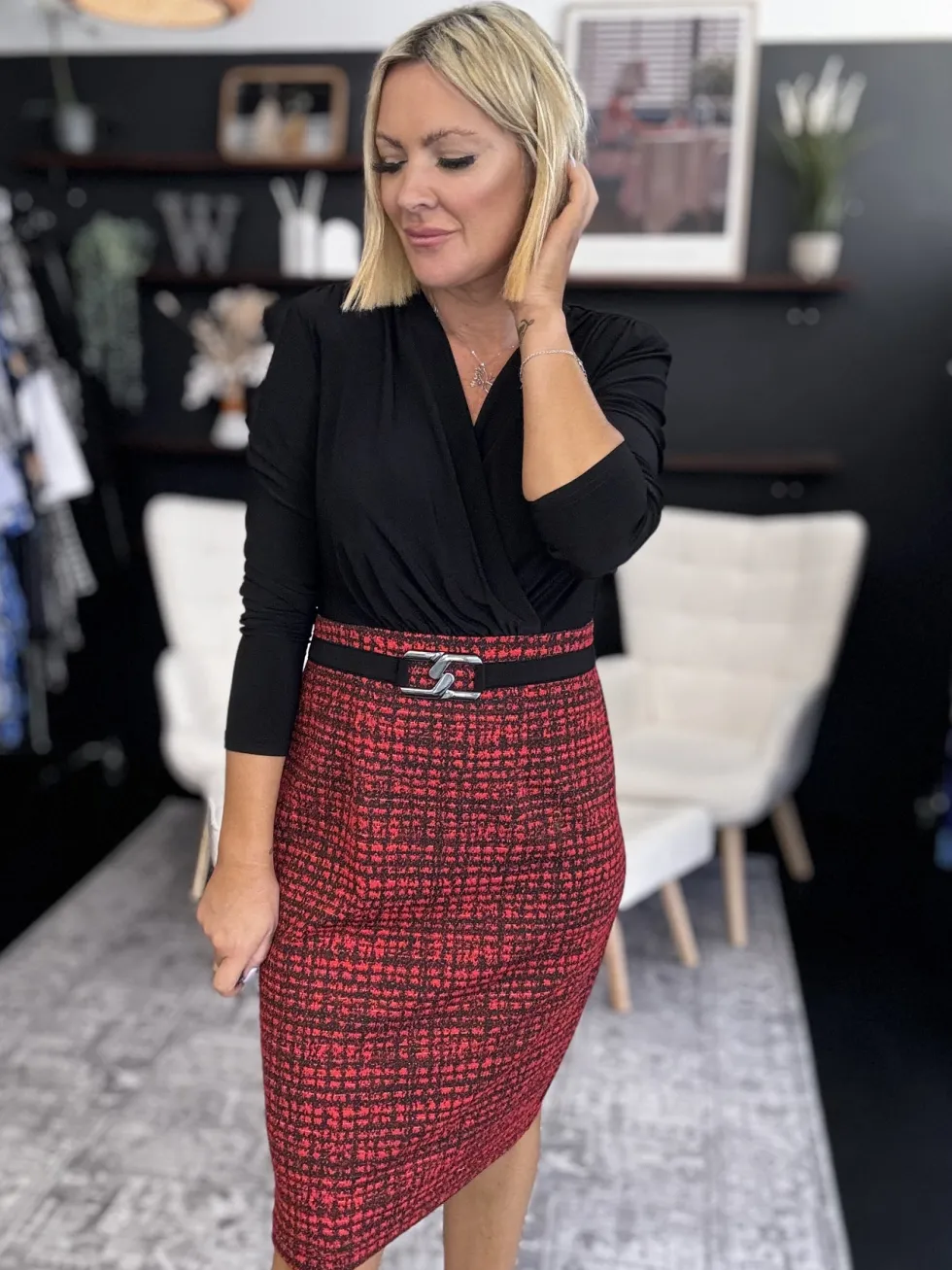 queen-of-scots-jacquard-kit-pl-vyctQQMJ-5.webp Maxi Dresses|Knee Length Dresses>Joseph Ribkoff Queen of Scots Jacquard Kit Plaid Sheath Dress 243060