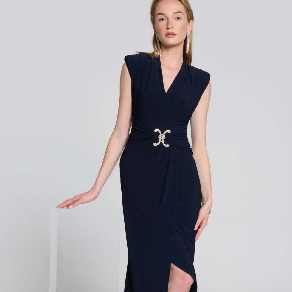 rhinestone-buckle-signature-fa-WgGtczJg-4.webp Maxi Dresses|Knee Length Dresses>Joseph Ribkoff Rhinestone Buckle Signature Faux Wrap Dress 242711 Size 8