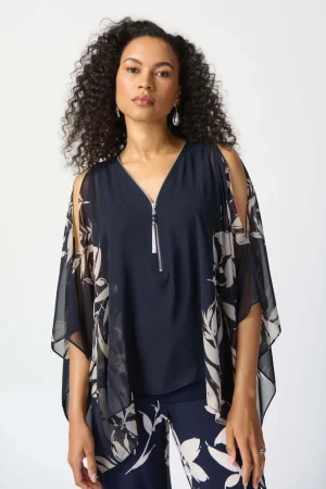 Tops|Tops>Joseph Ribkoff Santa Monica Floral print Chiffon Poncho Top - Navy 241060 Size 20