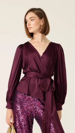 Blouses|Sacha Drake>Sacha Drake Satin Faux Wrap Blouse - Black Cherry