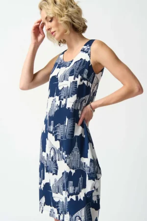 Maxi Dresses|Knee Length Dresses>Joseph Ribkoff Seascape Millennium Scenery Print Cocoon Dress 242157