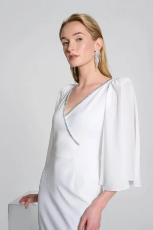 Maxi Dresses|Knee Length Dresses>Joseph Ribkoff Sequin Collar Signature Wrap Dress - Vanilla  242732