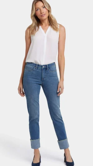 NYDJ Jeans|Pants Edit>NYDJ Sheri Slim Ankle Jeans With Striped Cuffs - Costa Brava