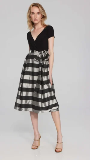 Maxi Dresses|Knee Length Dresses>Joseph Ribkoff Striped Organza Knee Length Waisted Dress  241748
