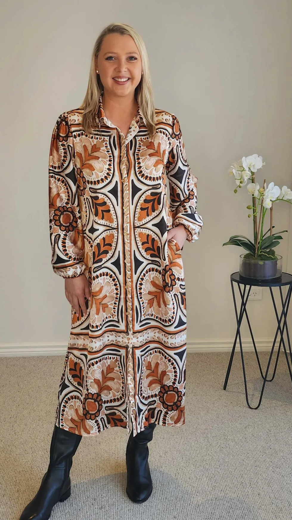 studio-button-floral-print-dre-TEIPYXof-1.webp Shirts Edit|Shirt Dresses>Threadz Studio Button Floral Print Dress - Chocolate Multi