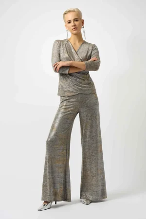 Pants Edit|Dress Pants>Joseph Ribkoff Supernatural Foiled Melange Knit Wide-Leg Pants - Beige 253274 Size 16