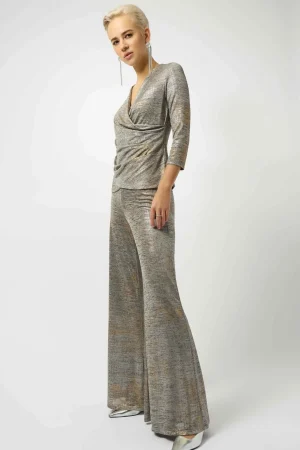 Tops|Tops>Joseph Ribkoff Supernatural Foiled Mélange Knit Wrap Top - Beige 253087 Size 14